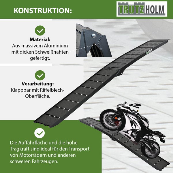 Trutzholm Motorradrampe aus Aluminium mit Riffelblechoberfläche und Motorrad