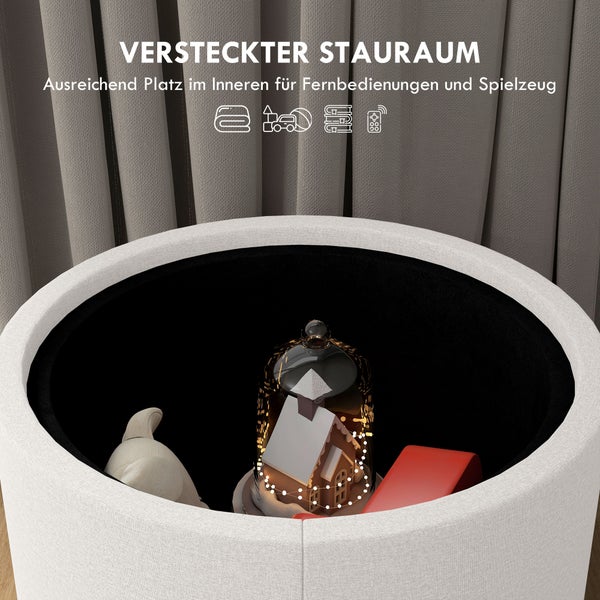 HOMCOM Sitzhocker mit Stauraum Hocker mit Klappdeckel, Runder Fußhocker Sitzwürfel Aufbewahrungsbox Polsterhocker, Leinenoptik 56 x 42 x 42 cm Cremeweiß