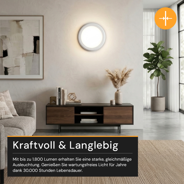 Runde LED-Wandleuchte im hellen Wohnzimmer über Sideboard, 1800 Lumen und 30000 Stunden Lebensdauer.