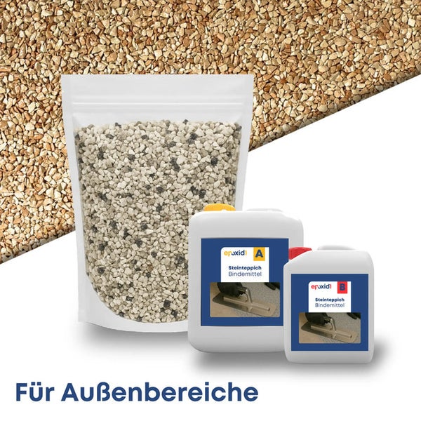 Steinteppich-Set für den Außenbereich bestehend aus einem Beutel Steine, zwei Kanistern Epoxid-Bindemittel und epoxid1 Logo.