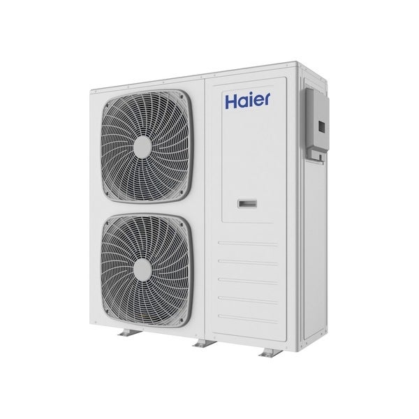 Haier Außeneinheit für Klimaanlage oder Wärmepumpe mit zwei Ventilatoren und Haier Logo.