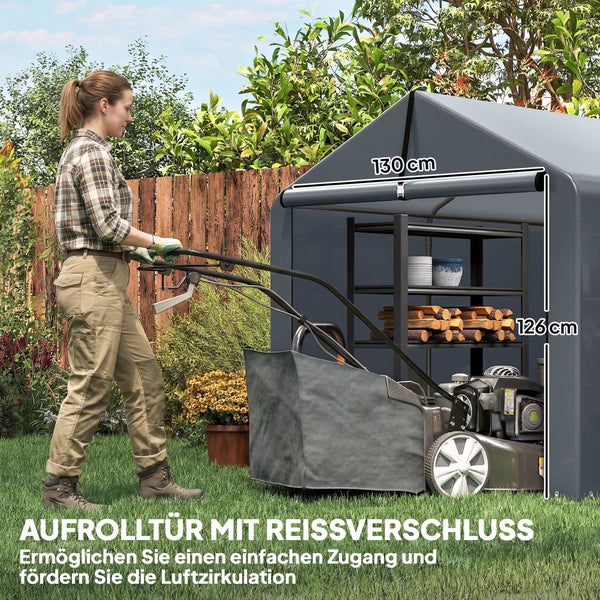 Garten-Gerätehaus mit Aufrolltür mit Reißverschluss, Öffnung 130 Zentimeter breit und 126 Zentimeter hoch, Rasenmäher und Regal im Inneren.