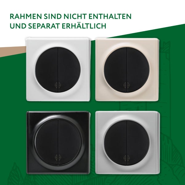 Vier Lichtschaltereinsätze mit runder Schaltwippe. Rahmen sind nicht enthalten und separat erhältlich.