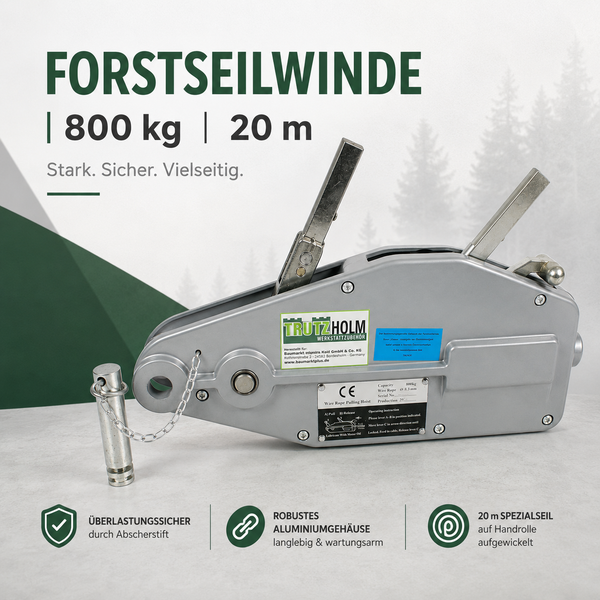 Trutzholm Forstseilwinde mit 800 Kilogramm Zugkraft und 20 Meter Seil, robustes Aluminiumgehäuse mit Überlastsicherung durch Abscherstift.