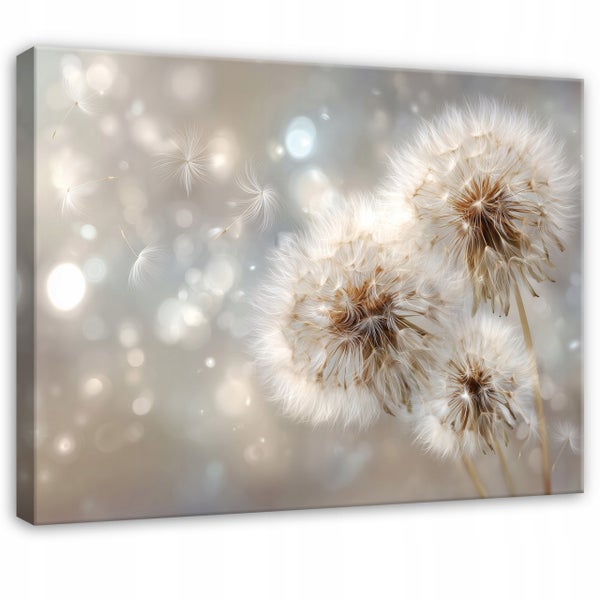 Leinwandbild mit Pusteblumen und fliegenden Samen auf einem weichgezeichneten Hintergrund.