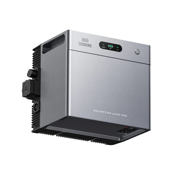 Zendure SolarFlow 2400 Pro Smart Photovoltaik Hub für Balkonkraftwerke in Grau mit Digitalanzeige, seitlichen Anschlüssen und Zendure Logo.