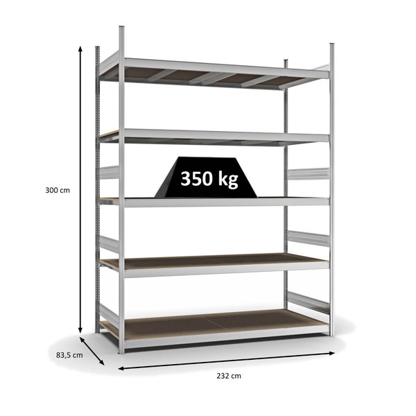 PROREGAL Weitspannregal Stecksystem T-Profil Grundregal HxBxT 300x225x80 cm 5 Ebenen Spanplatten Fachboden Fachlast 350 kg Verzinkt