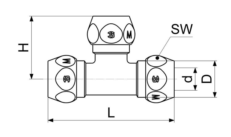Technische Zeichnung eines T-Stücks mit Gewindeanschlüssen, Maße L, H, D und d eingezeichnet.