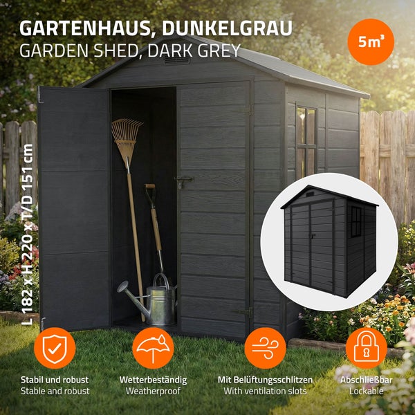 Dunkelgraues Gartenhaus mit 5 Quadratmetern Flaeche, 182 mal 220 mal 151 Zentimeter, wetterfest, abschliessbar und mit Belueftungsschlitzen.