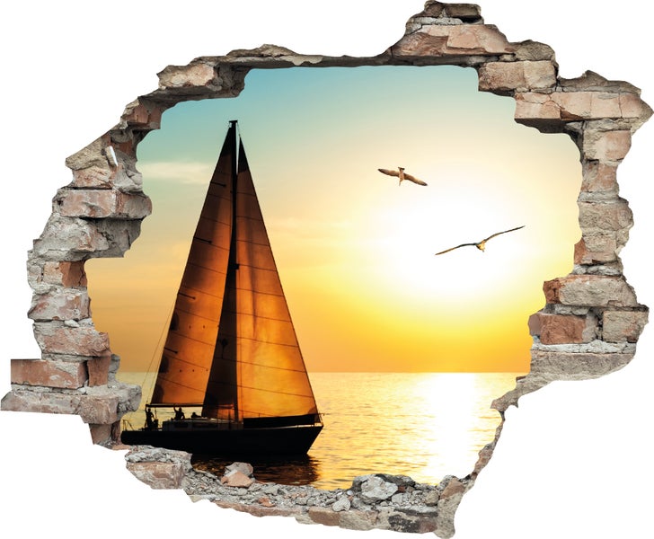 3D Wanddurchbruch selbstklebender Sticker Segelboot bei Sonnenaufgang WS0951_60x50 cm