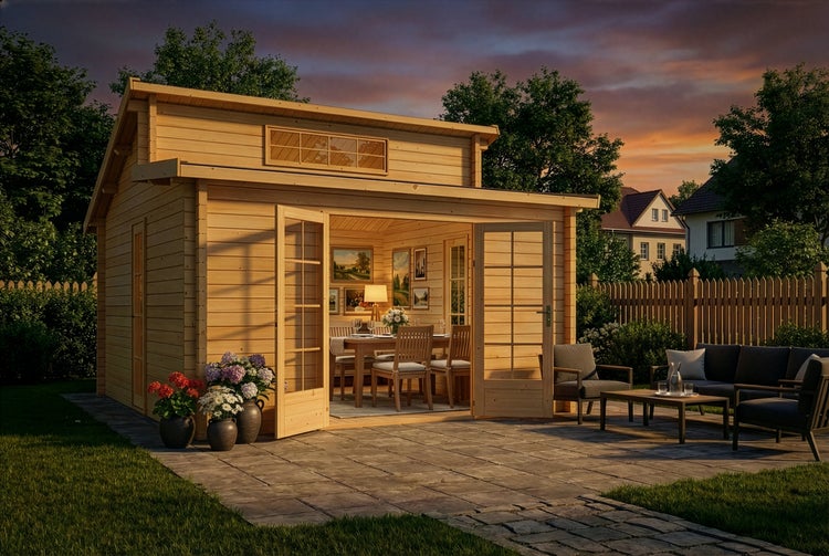Modernes Gartenhaus aus Holz mit Terrasse und Lounge-Bereich bei Sonnenuntergang. Geöffnete Flügeltüren zeigen beleuchteten Essbereich.