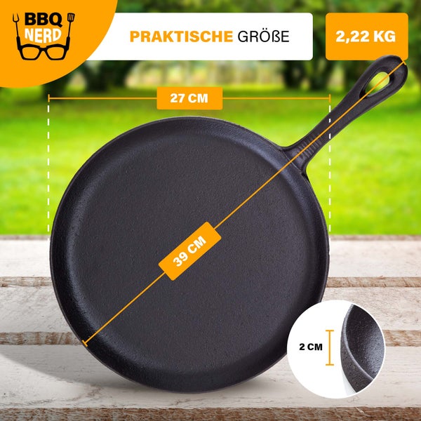 BBQ Nerd Gusseisen Crêpespfanne Ø 26 cm für Pfannkuchen Crêpes Spiegelei | Antihaftpfanne mit exzellenter Wärmeleitung | Crepepfanne für Grill Feuerstelle Herd einschl. Induktion