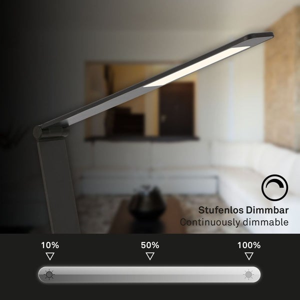 Moderne Schreibtischlampe, stufenlos dimmbar mit Helligkeitsstufen von 10 Prozent, 50 Prozent und 100 Prozent.