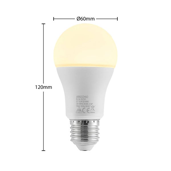 LED Leuchtmittel mit E27 Sockel, Höhe 120 Millimeter und Durchmesser 60 Millimeter.
