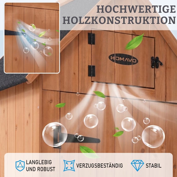 Detailansicht einer stabilen Holzkonstruktion eines Gartenhauses mit Homavo Logo, Belüftungssystem, langlebig, robust, verzugsbeständig und stabil.