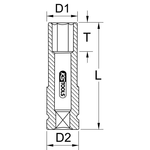 Technische Zeichnung eines Steckschlüsseleinsatzes mit den Maßangaben D1, T, L und D2 sowie dem KS Tools Logo