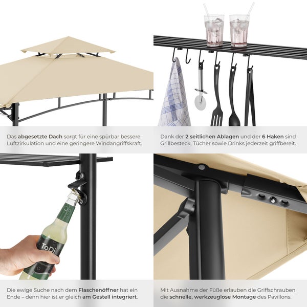 Detailansichten eines Pavillons mit zweistufigem Dach, Ablage mit Haken, integriertem Flaschenöffner und Rändelschrauben für die Montage.
