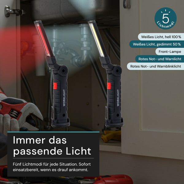 Zwei flexible Arbeitsleuchten mit fünf Lichtmodi, davon rotes Not- und Warnlicht