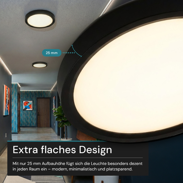 Moderne, runde Deckenleuchte mit extra flachem Design von 25 Millimeter Aufbauhöhe in einem hellen, modern eingerichteten Flur installiert.