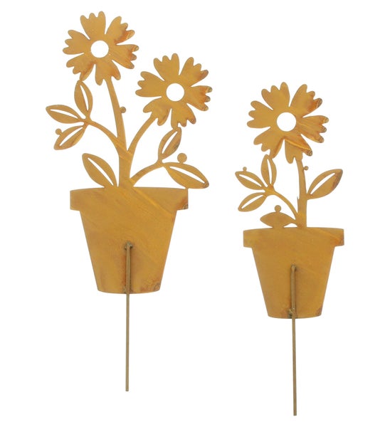 FRANK FLECHTWAREN | Gartenstecker Blume im Topf, 2er Set, METALL, H: 35 cm, H: 40 cm