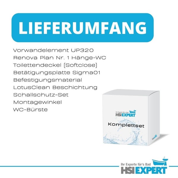 Lieferumfang eines Komplettsets für ein Hänge-WC mit Vorwandelement, Betätigungsplatte und WC-Bürste.