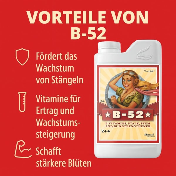 Infografik zu Advanced Nutrients B-52: Fördert Stängelwachstum, Vitamine für Ertrag und Wachstum sowie für stärkere Blüten.
