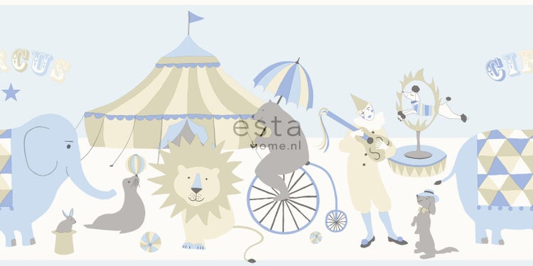 ESTAhome Tapetenbordüre Zirkus Hellblau, Beige und Weiß - 26,5 cm x 5 m - 178701