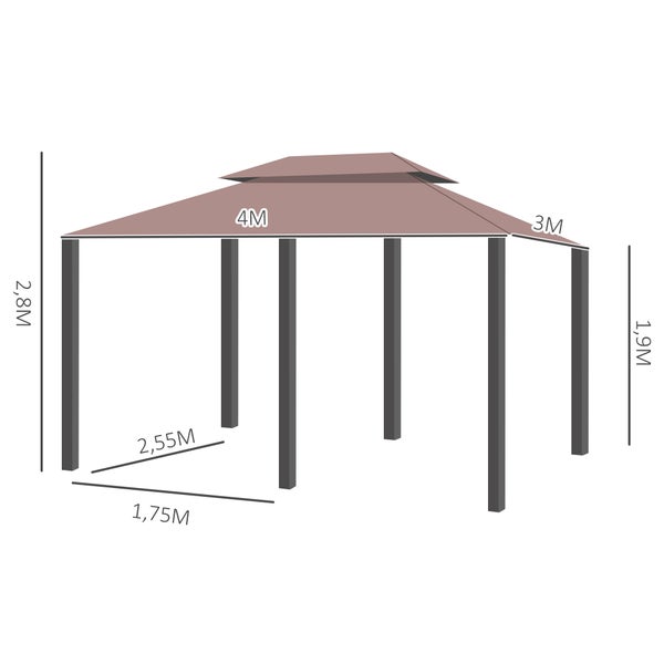 Outsunny Pavillon, 3 × 4m Gartenpavillon, Stahl, Polyester-Gewebe, Khaki, 300L x 400B x 280H cm