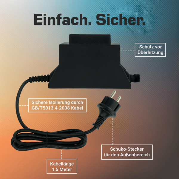 Schwarzer Transformator mit 1,5 Meter Kabel, sicherer Isolierung, Schuko-Stecker für den Außenbereich und Überhitzungsschutz.