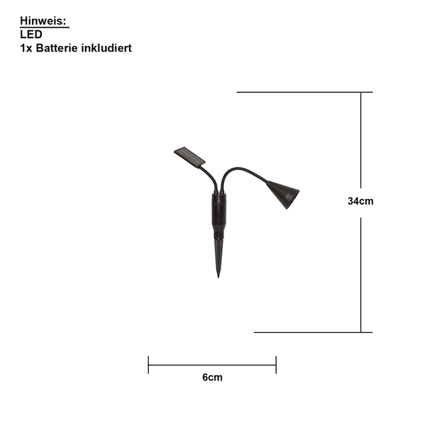 Abbildung einer Solarleuchte mit LED und Batterie, circa 34 Zentimeter hoch und 6 Zentimeter breit.