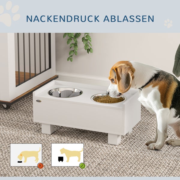 PawHut Hundenapf erhöht, Höhenverstellbar Futternapf für Hunde mit Stauraum, 2 x 1L Edelstahl-Schüsseln, Fressnapf mit Anti-Schling-Matte, für mittelgroße Hunde, Weiß