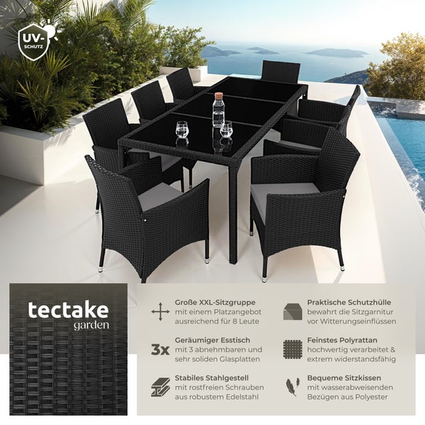 Rattan Sitzgruppe tectake Almansa inklusive Schutzhülle für 8 Personen schwarz/grau