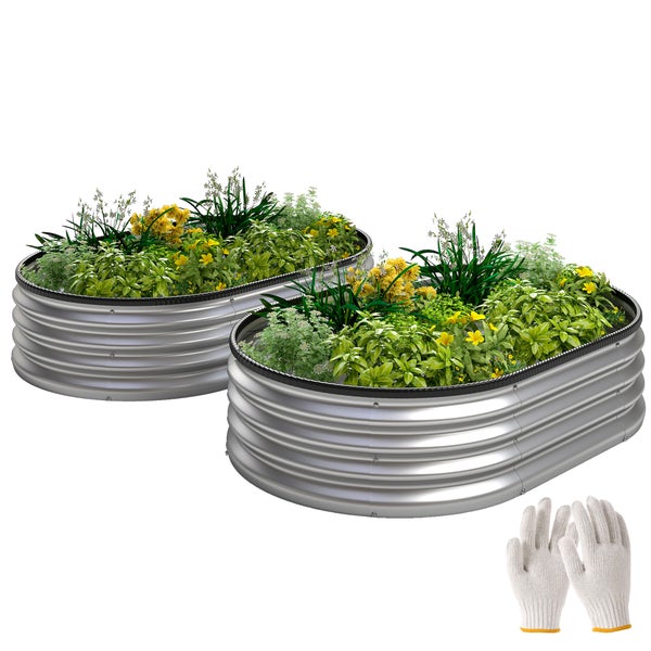Zwei ovale Hochbeete aus verzinktem Wellblech, bepflanzt mit Blumen und Kräutern, inklusive ein Paar Gartenhandschuhe.