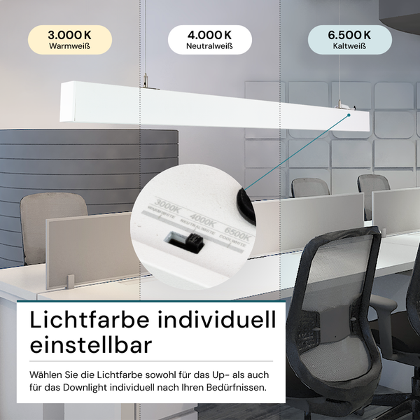 LUXULA LED Büroleuchte 120cm Tresenleuchte Weiß Up&Down Light Hängeleuchte UGR<19 CCT Pendelleuchte erweiterbar Warm-Kaltweiß