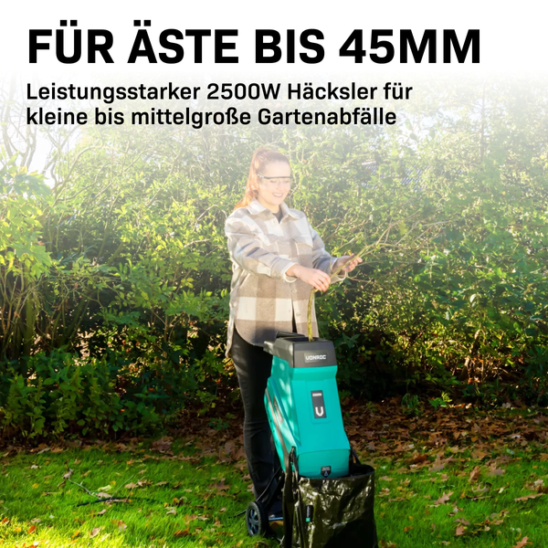 VONROC Gartenhäcksler elektrisch 2500W - Messerhäcksler für Äste bis zu 45mm - Leise & Robust - Häcksler Maschine für Gartenabfälle inkl 45L Auffangsack