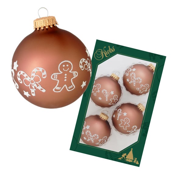 Hellbraun matte 7cm Glaskugeln mit weißer Banddekoration, 4 Stck., Weihnachtsbaumkugeln, Christbaumschmuck, Weihnachtsbaumanhänger