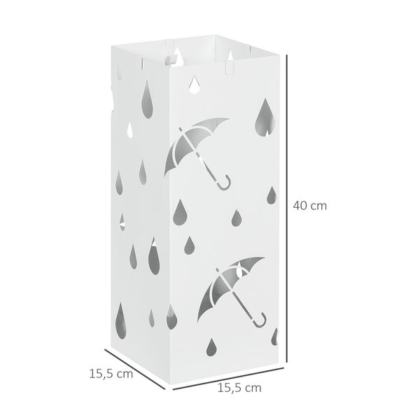 HOMCOM Regenschirmständer Schirmständer mit 4 Haken, Wasserauffangschale Regenschirmhalter für Flur, Regenschirme & Gehstöcke Stahl 15,5 x 15,5 x 40 cm Weiß