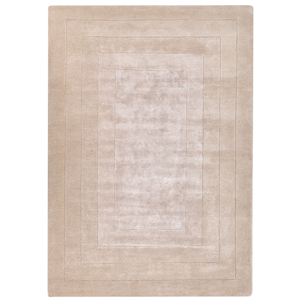 Rechteckiger Teppich in Beige mit konzentrischem Rechteckmuster und weicher Oberfläche.