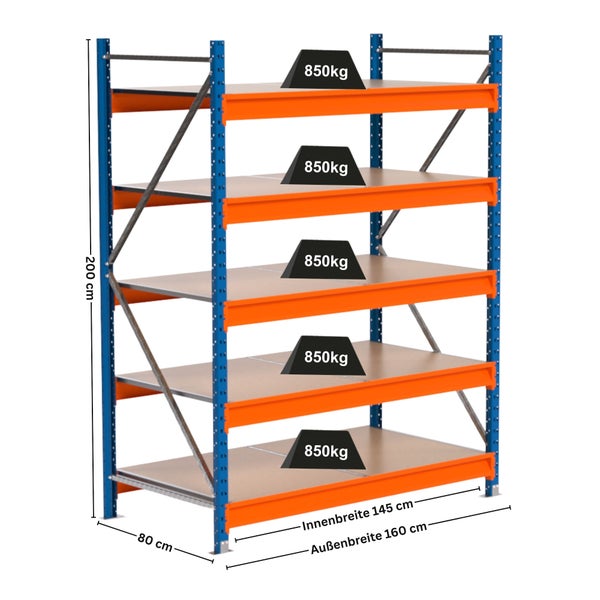 Lagerregal mit fünf Ebenen, Abmessungen 200 x 160 x 80 cm und einer Traglast von 850 kg pro Ebene