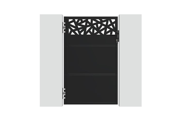 Einflügeliges Gartentor aus Metall in Anthrazit mit Pfosten und modernem geometrischem Lochmuster im oberen Bereich.