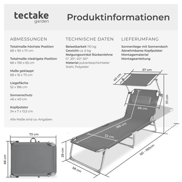 Gartenliege tectake Chloé 190 x 68 x 65 cm klappbar grau