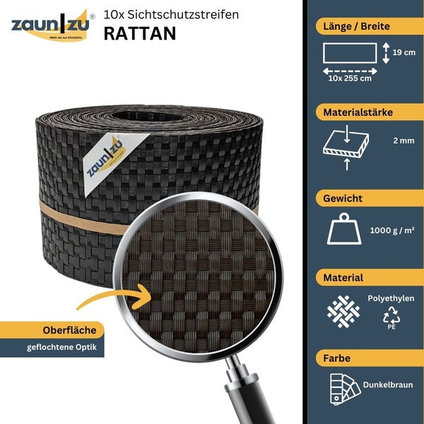 Zehn Sichtschutzstreifen aus Rattan, Material Polyethylen, Länge 255 Zentimeter, Breite 19 Zentimeter