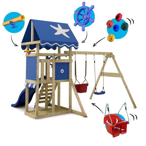 WICKEY Spielturm Klettergerüst DinkyStar mit Schaukel und Rutsche, Kletterturm mit Sandkasten, Leiter und Spiel-Zubehör - blau
