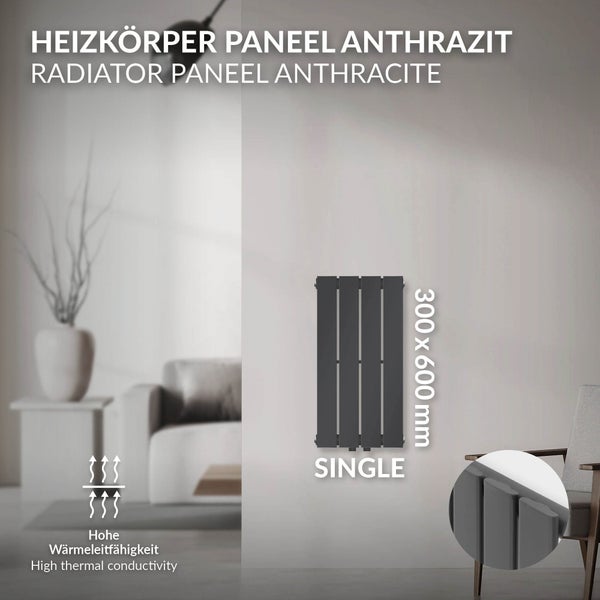 ML-Design Paneelheizkörper Einlagig 300x600mm Anthrazit, Design Badheizkörper Mittelanschluss, Bad/Wohnraum Heizung, Designheizkörper Flach Heizkörper, Flachheizkörper Vertikal Röhren, mit Montage-Set