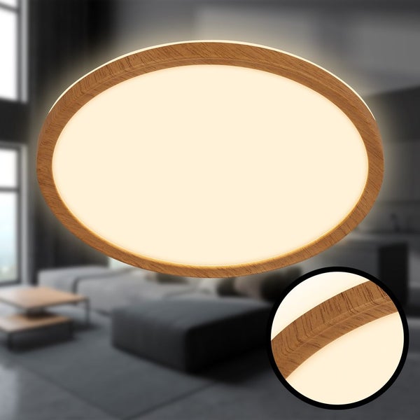 LED Deckenlampe Holz Deckenleuchte Wohnzimmer Indirektes Licht Flach Warmweiß