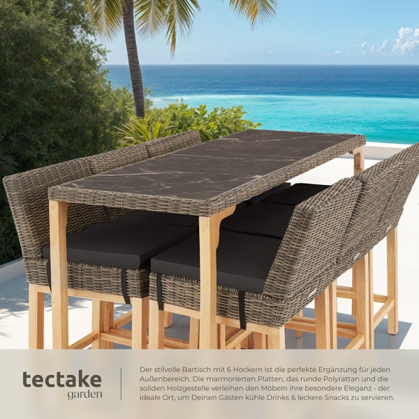 Rattan Tisch Lovas mit 6 Stühlen Latina tectake  Beine aus Holz mit Aluminiumgestellen natur