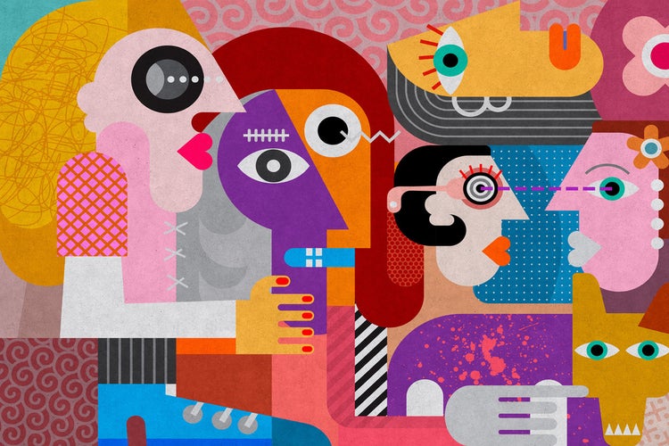 Abstrakte Illustration von Personen und einem Tier