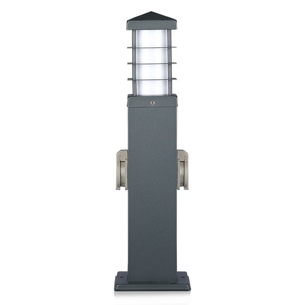 Außenstehleuchte mit zwei Steckdosen, Wegeleuchte aus Metall in Anthrazit, rechteckiges Design mit integriertem Stromanschluss.