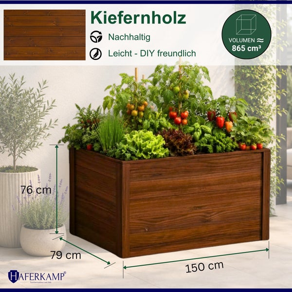 Kiefernholz-Hochbeet von Haferkamp mit den Maßen 150 mal 79 mal 76 Zentimeter, bepflanzt mit Gemüse auf einer Terrasse.
