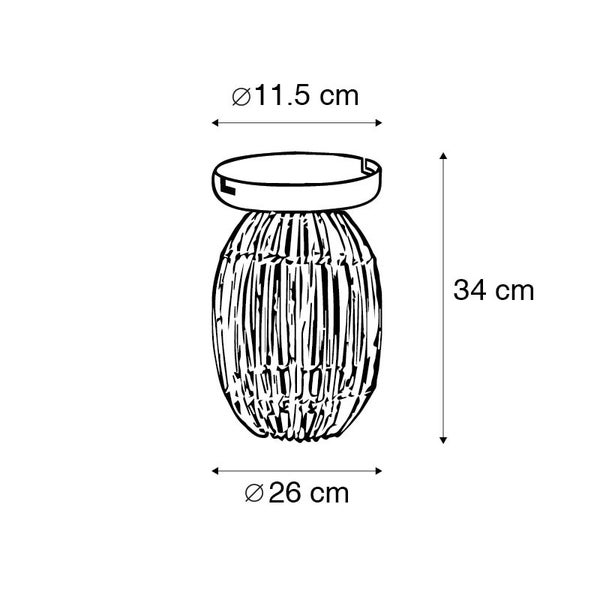 Skizze eines Beistelltisches mit den Maßen 11,5 cm Durchmesser oben, 26 cm Durchmesser unten und 34 cm Höhe.